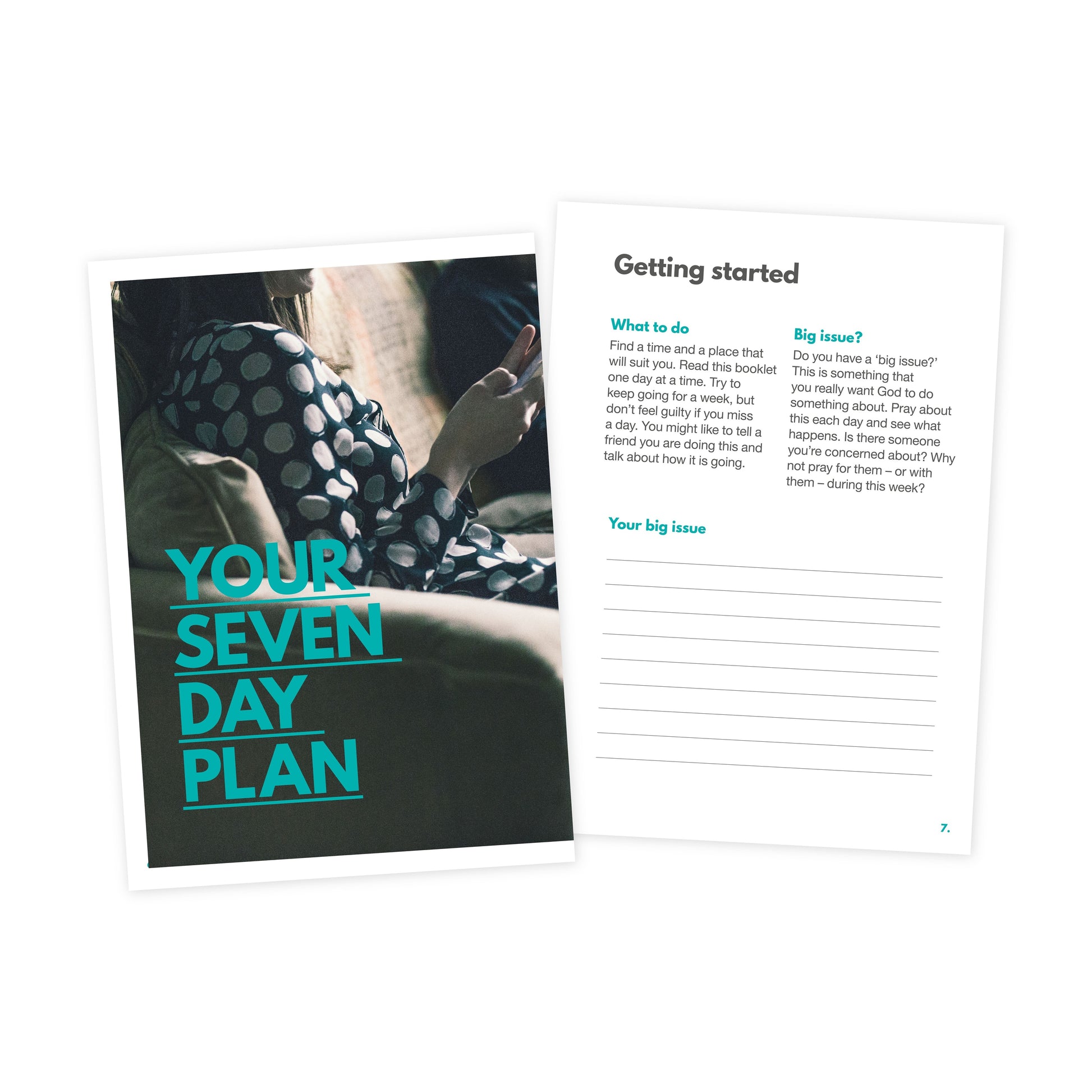 trypraying text 'Your Seven Day Plan' and a person sitting on a couch.
