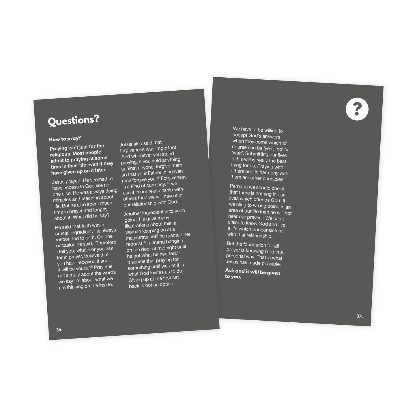 Two pages from trypraying detailing common questions about prayer